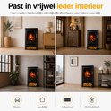 Zwarte elektrische sfeerhaard met realistisch vlammenspel, in vier verschillende interieurs.