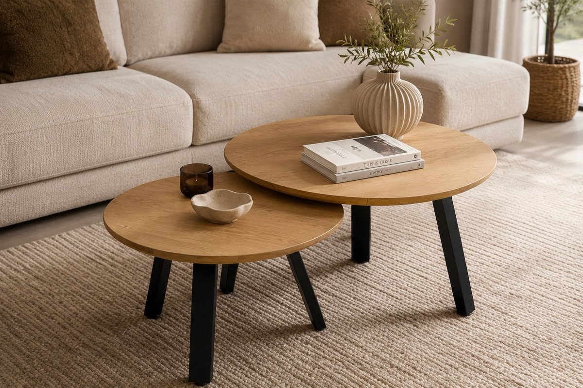 Belfurn Japan Duo Salontafels Rond - Massief eikenhout - Set van 2 - Ø80 & Ø60 cm - Zwart metalen poten