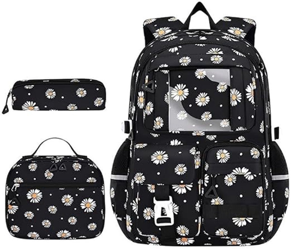 Reisrugzak - Schoolrugzak - Schattige Rugzakset van 3-in‑1 - Waterbestendig Nylon - met Lunchdoos en Pennenblok - voor Laptop, Reizen en Dagelijks Gebruik - Zwart