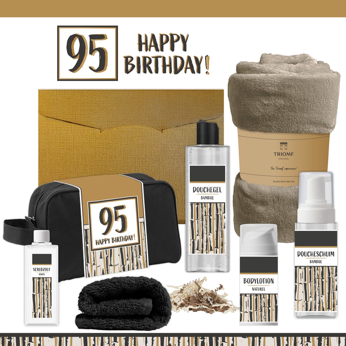 Geschenkset “95 Happy Birthday!” - 7 producten - 1390 gram | Giftset voor hem Vader Vijfennegentig jaar Cadeau Luxe Wellness Pakket Man Speciaal Cadeaupakket Doos Handdoeken Fleecedeken Geschenk Cadeaudoos Verjaardag Vriend Gift Set Douche Taupe Goud