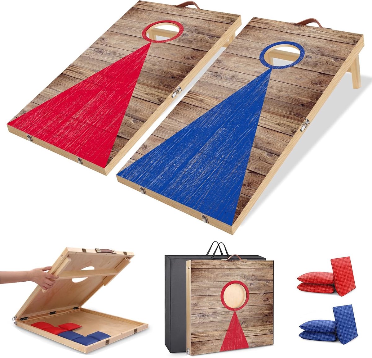 Cornhole spelset, 60 x 0,40 m, massief hout, premium maïsgatplanken | Met 6 zitzakken en een draagtas, outdoor graan gooi spel set voor familie en volwassenen
