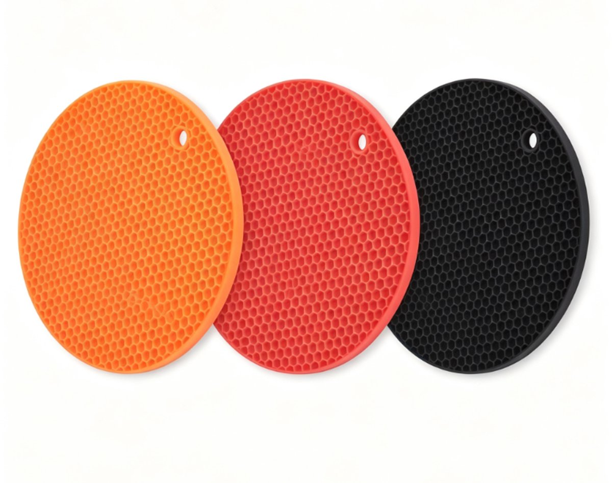 Hittebestendige siliconenmatten (3-delige set) — Multifunctionele, hittebestendige antislipmatten voor pannen (rood, zwart, oranje)
