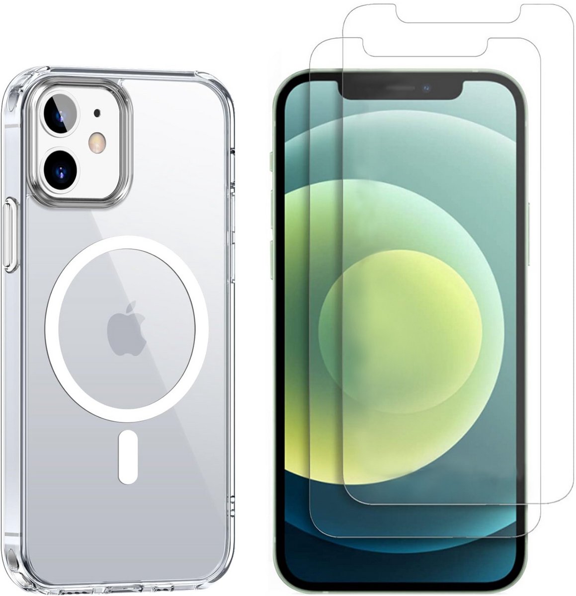 iPhone 12 MINI Hoesje backcover Shockproof siliconen Transparant met geïntegreerde magnetische cirkel en 2 stuks Screenprotector Gehard Glas
