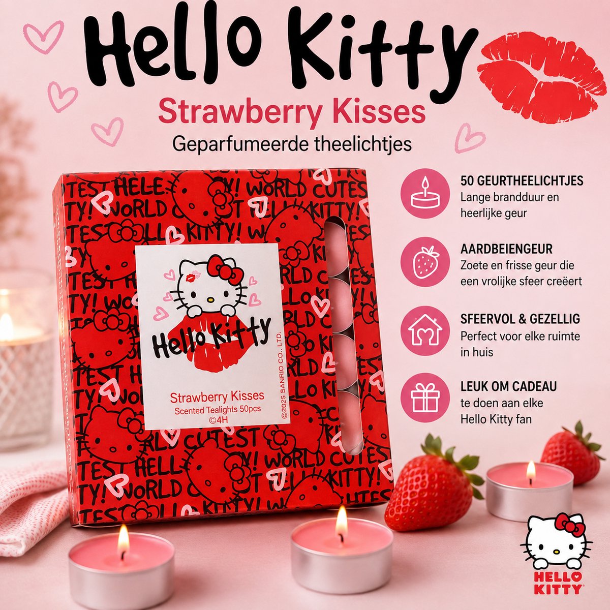 Hello Kitty Geurkaarsen – Strawberry Kisses – 50 Geurtheelichtjes – 4 Branduren – Cadeauset