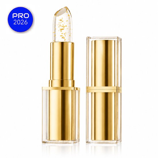 Transparante lippenstift met gouden deeltjes, in gouden en transparante huls. 'PRO 2026' label.