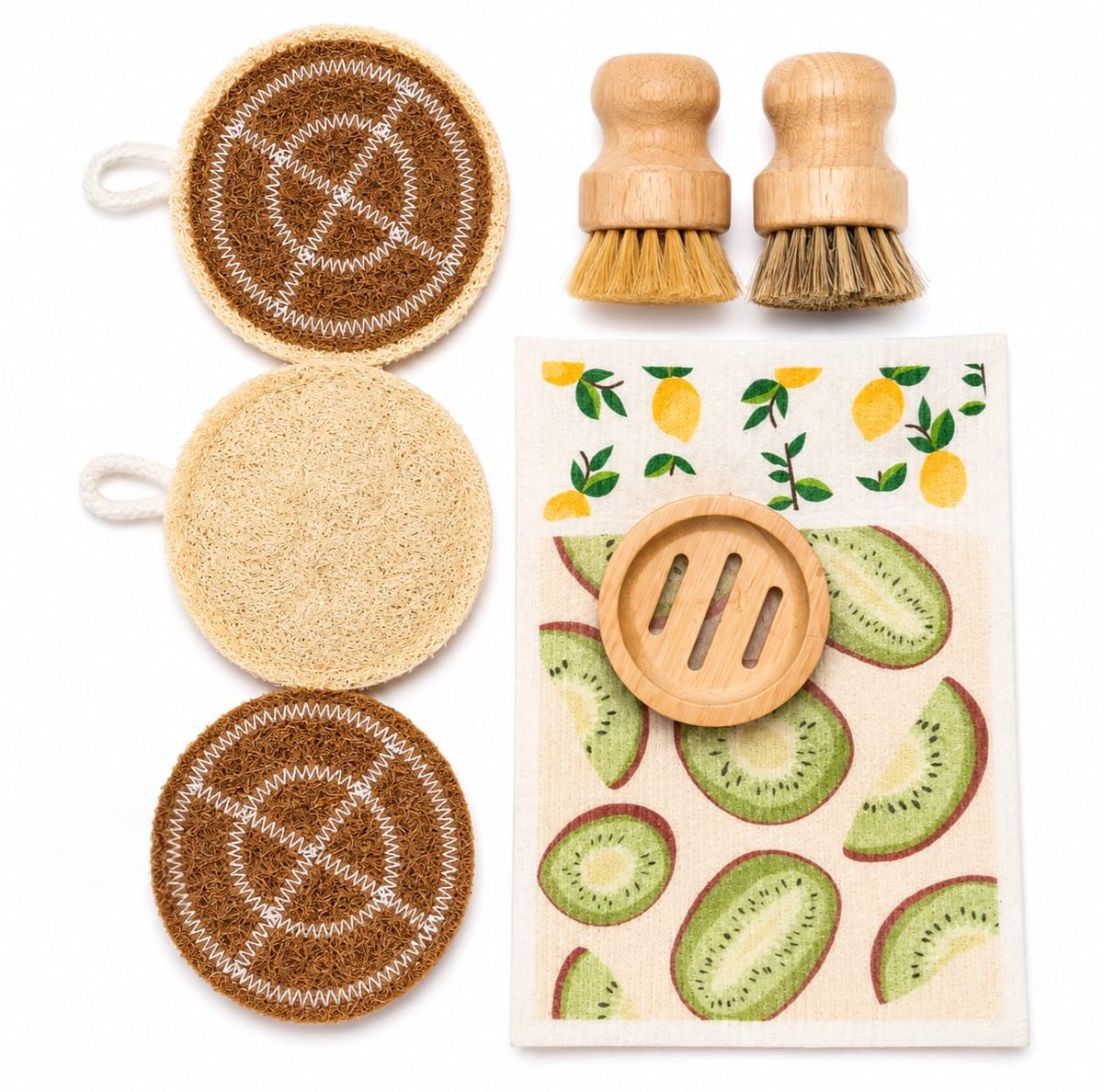 Natuurlijk Keuken Schoonmaakpakket – 8-delige Duurzame Schoonmaakset – Zweedse Vaatdoekjes – Kokos & Loofah Schrobbers – Bamboe Borstels