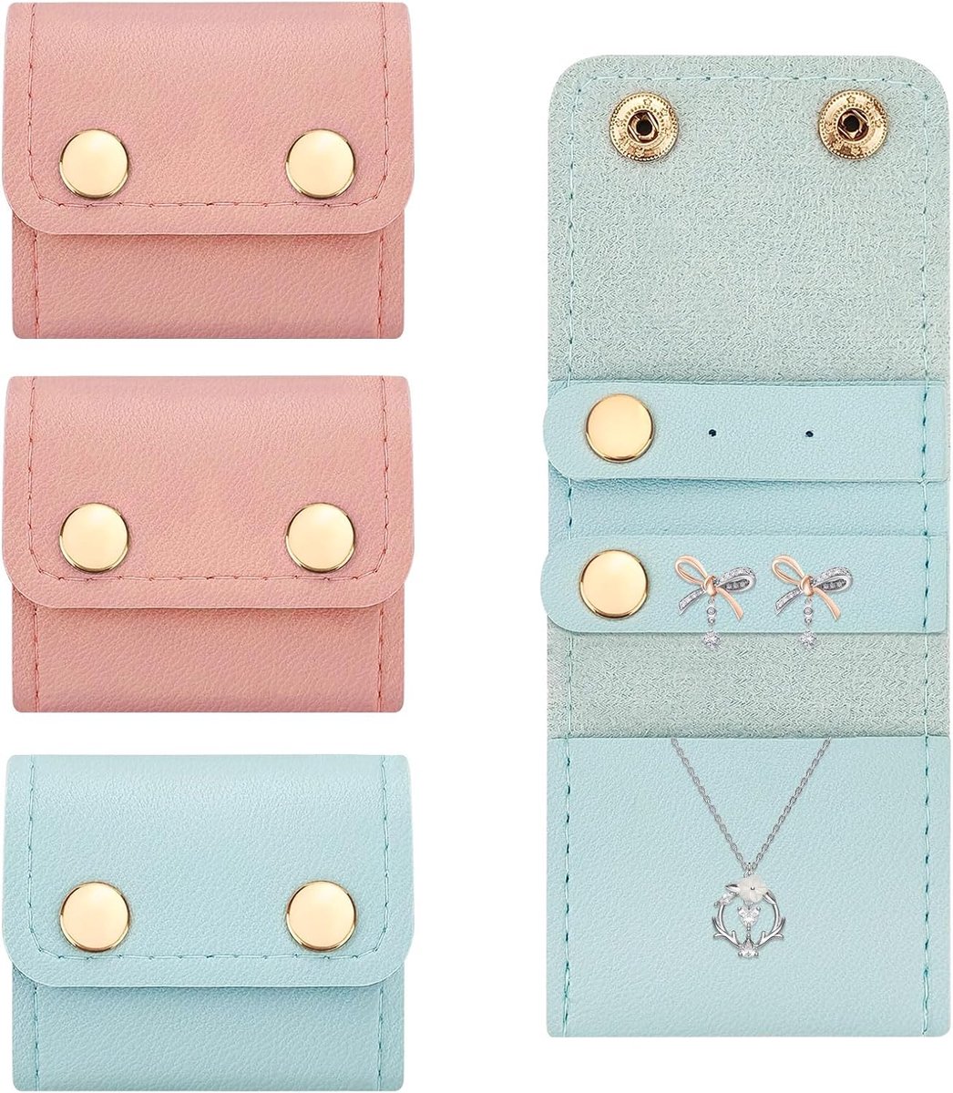Set van 4 mini-reissieraden op rol, PU-leren tas met gesp voor kleine sieraden, sleutelhangers, draagbare organizer voor oorbellen, ringen, studs, halskettingen, armbanden, blauw + roze