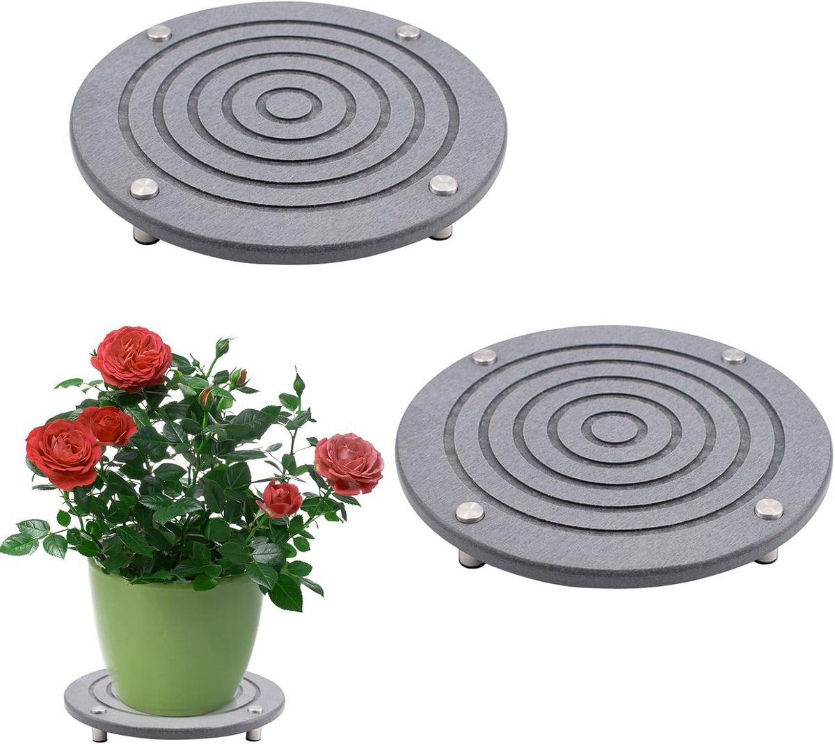 2 stuks plantenonderzetters van kiezelgiet met poten van roestvrij staal en antislipmatten, sneldrogende wateropvangschalen voor werkblad en vloerbescherming, diameter 20 cm