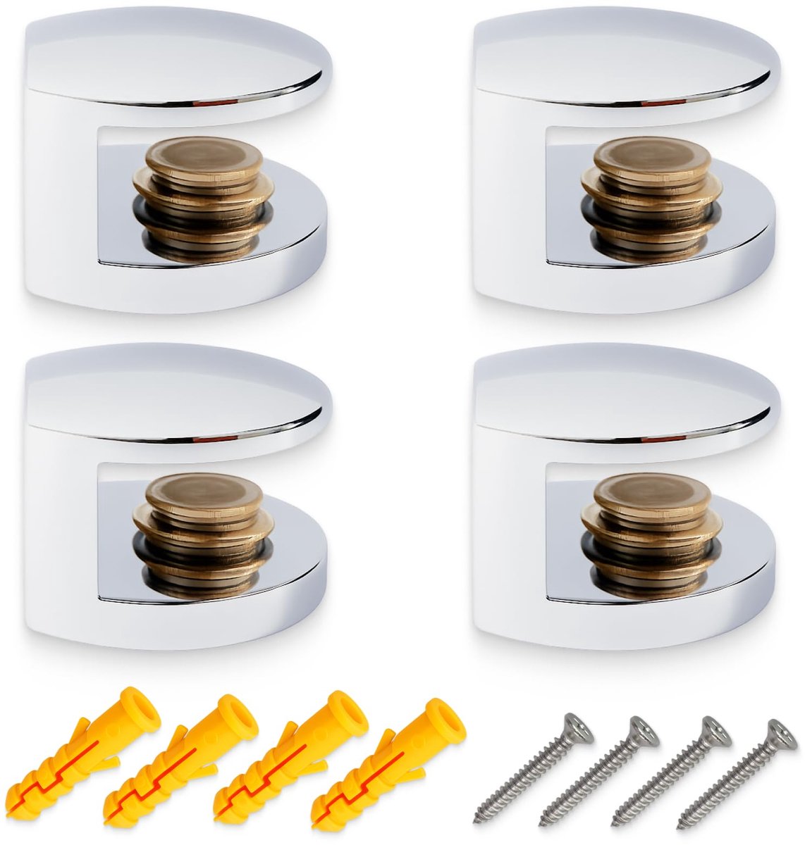 roestvrij staal, verstelbare glasklem voor glasplank, 5-8 mm, glas, hout, acrylglas, plankdrager, klembevestiging, glasclip, wandhouder, badkamer, keuken, kelder, 4 stuks met schroeven en