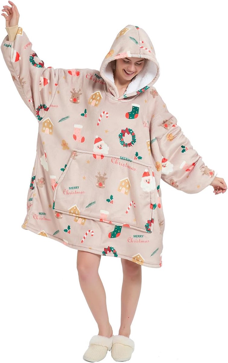 iyoimono Hoodiedeken voor dames, flanel, fleece, pullover, sweatshirt, deken, wollige sherpa tv-deken met mouwen, fruitprint, dierenprint, oversized capuchon, pullover, knuffeldeken, eenheidsmaat