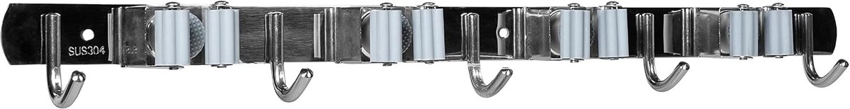 Bezemhouder - Bezemophangsysteem - Steelhouder - Bezemklem - Steelklem - Tuingereedschap - Ophanghaken - 4 klemmen - 5 haken - Grijs - Zilver - RVS - Siliconen - 4 x 49 x 4,5 cm (lxbxh)