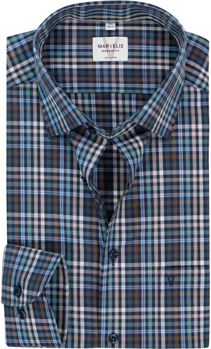MARVELIS modern fit overhemd - popeline - blauw met groen - wit - beige en bruin geruit - Strijkvrij - Boordmaat: 40 (EU maat: M)