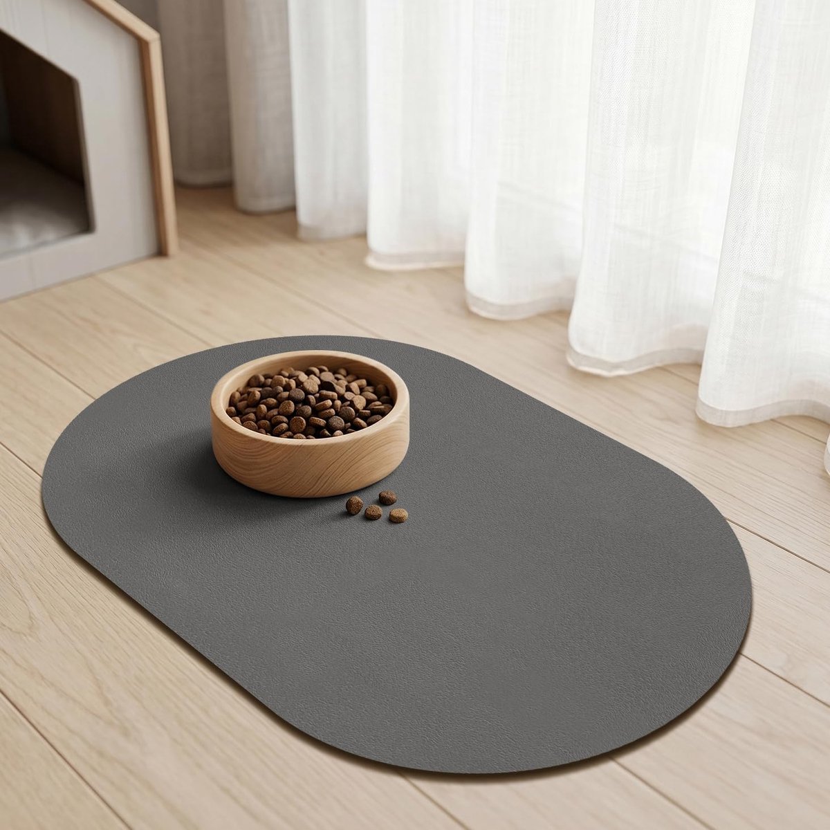 Voerbakmat voor Huisdieren, Ovale Voermat voor Honden en Katten, Absorberend Antislip Kattenvoerbakken met Rubberen Achterkant, Sneldrogend Placemat voor voer en waterbakken (Donkergrijs, 30x50cm)