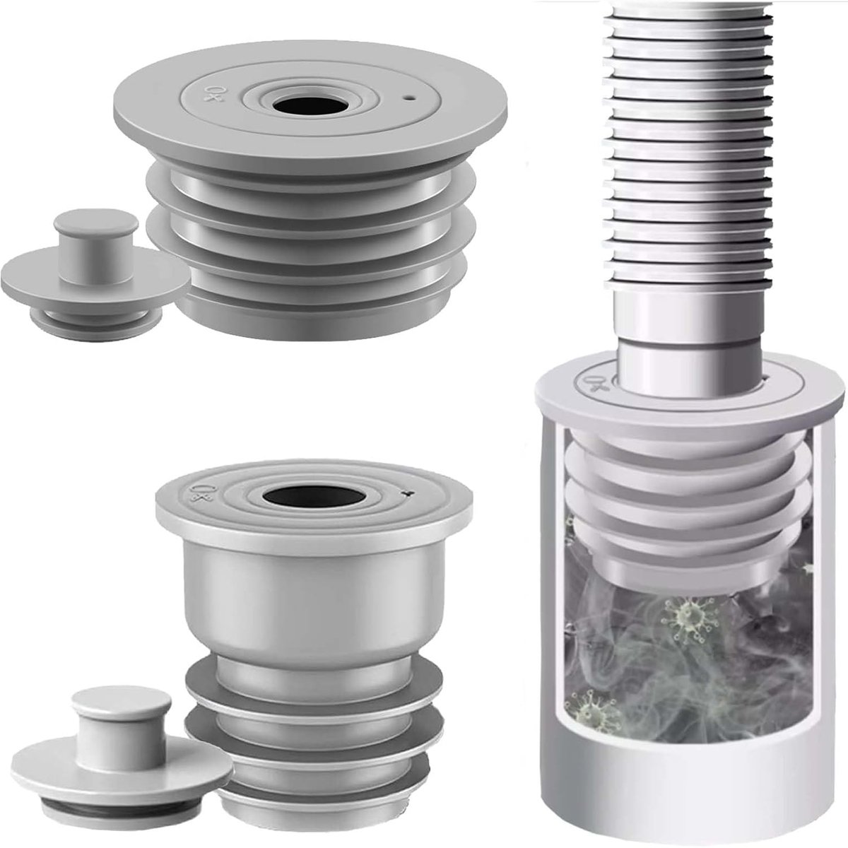 Geurstop voor wasmachine 35-40 en 45-50 mm, 2 stuks, grijs, afdichting voor afvoerslang van de wasmachine, siliconen luchtverfrisser, afsluitstop