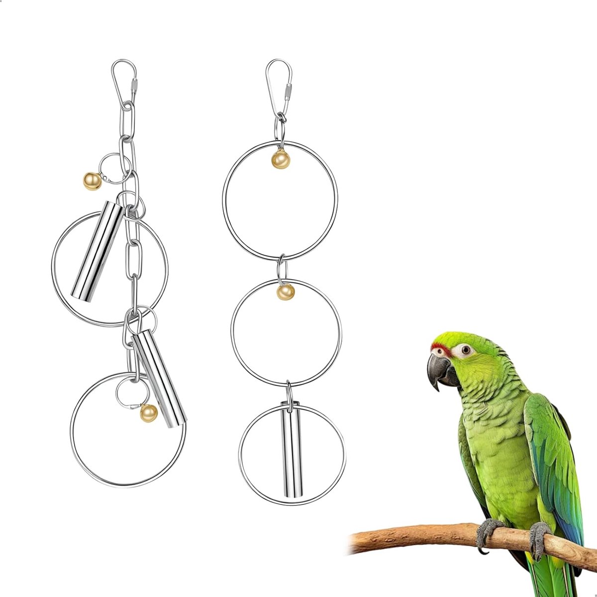 Set voor papegaaien, vogels met belletjes, hangende klokken van roestvrij staal, speelgoed voor papegaaien, cacadus, parkieten, speelgoed om op te hangen, 2 stuks