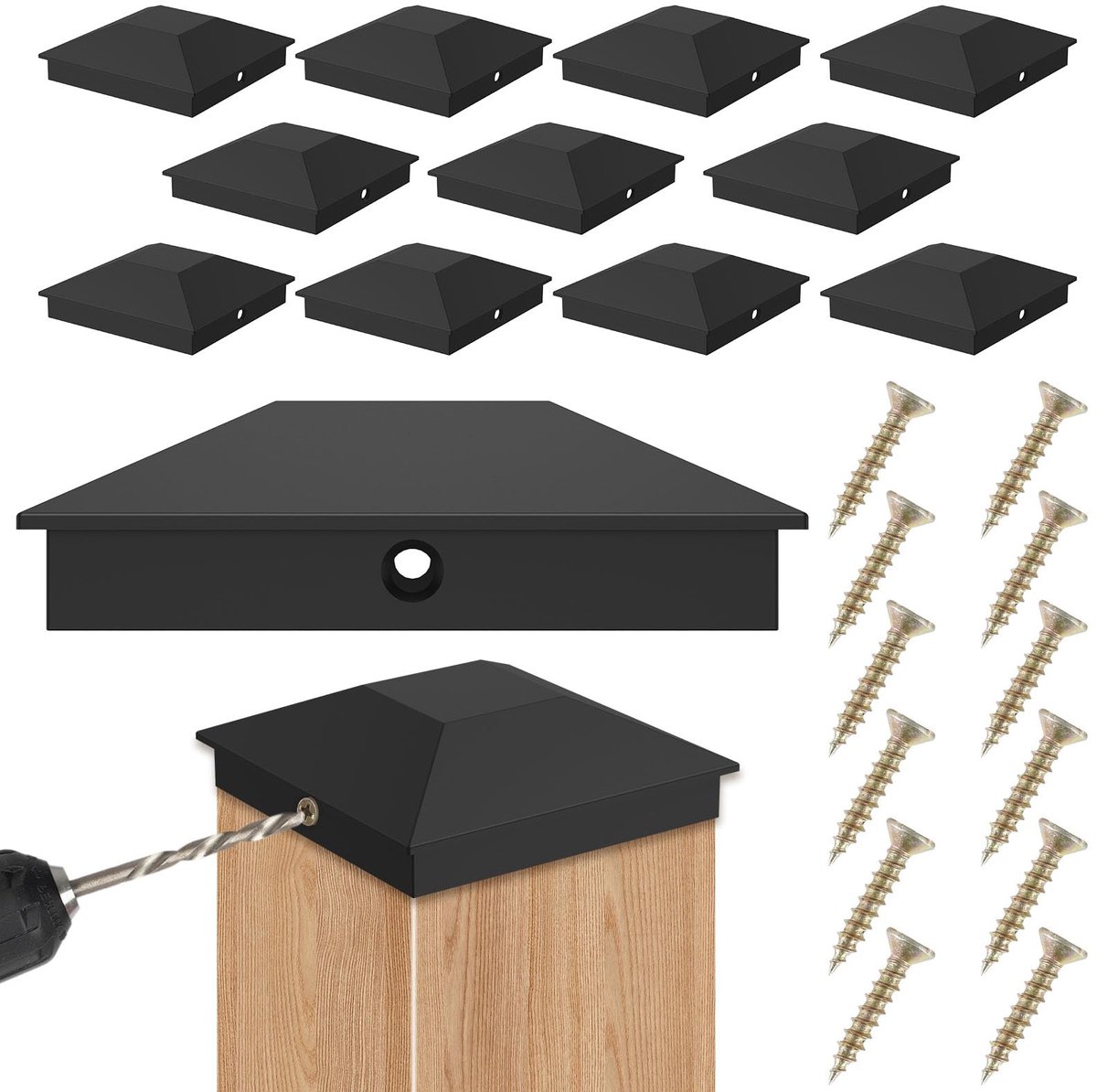 12 stuks paalkappen 9x9cm hekkappen kappen voor houten palen, dekpalen paalkappen afdekkapjes voor hekpalen met schroeven (12)