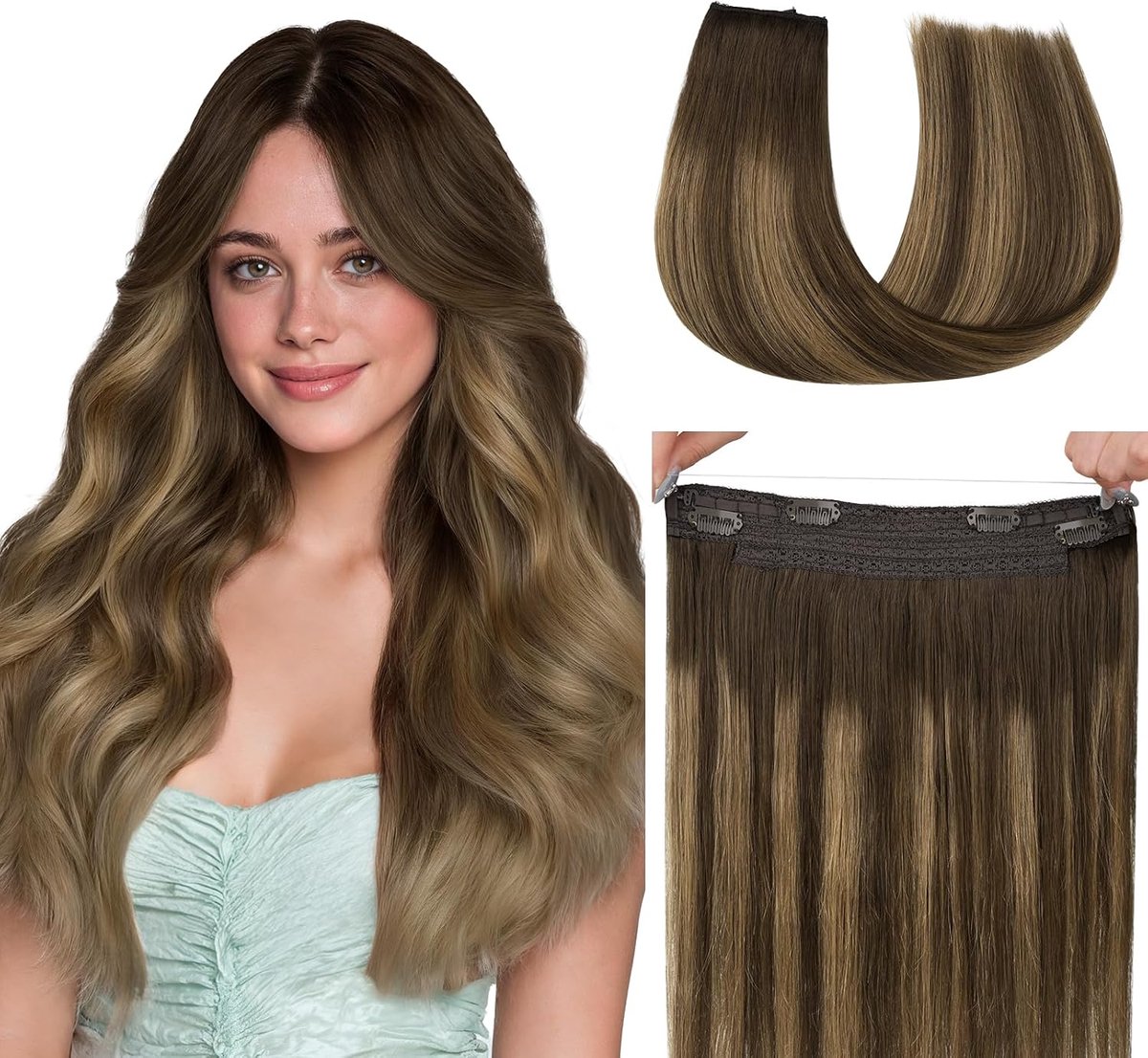hotbanana Secret Hair Extensions van echt haar, 35 cm, 75 g, Remy-haarverlenging met draad, onzichtbare geheime draad, extensions van echt haar, vislijn, chocoladebruin, gemengd karamelblond