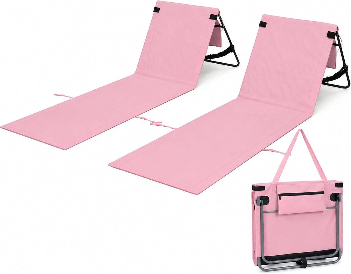 Savage Set van 2 opvouwbare strandstoelen (babyroze) | Lichtgewicht gewatteerde strandmatras met verstelbare rugleuning, schouderriem en tas, voor camping, zwembad en reizen