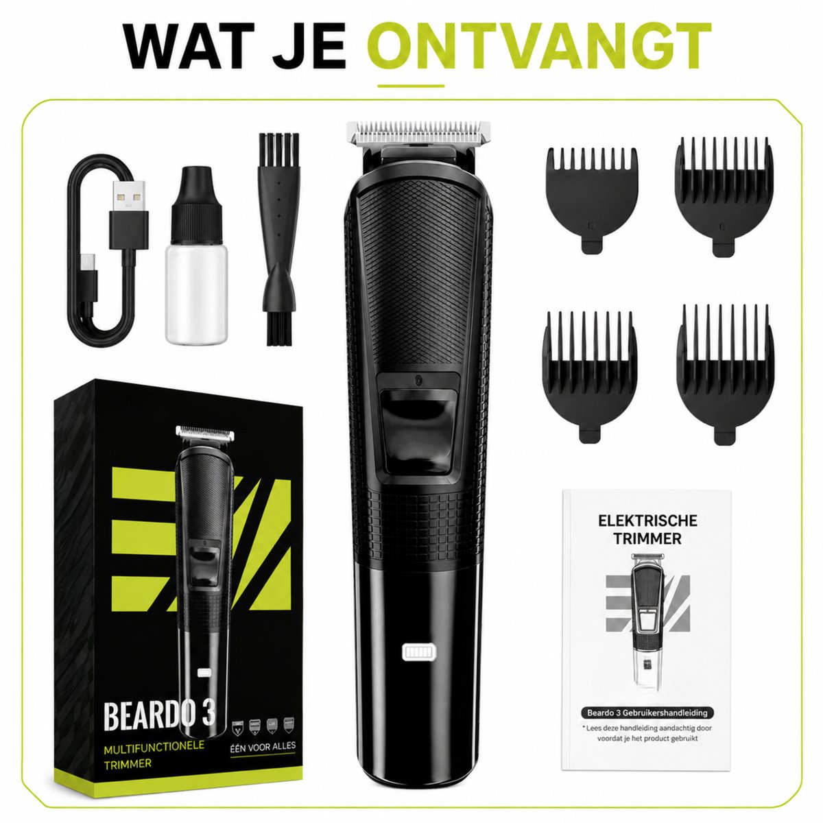 Norvia - Baardtrimmer Mannen - Tondeuse - Lichaamshaar Trimmer - 4 Opzetkammen - 0,5-1 mm Instelbaar - Draadloos - Balhaar - Zwart