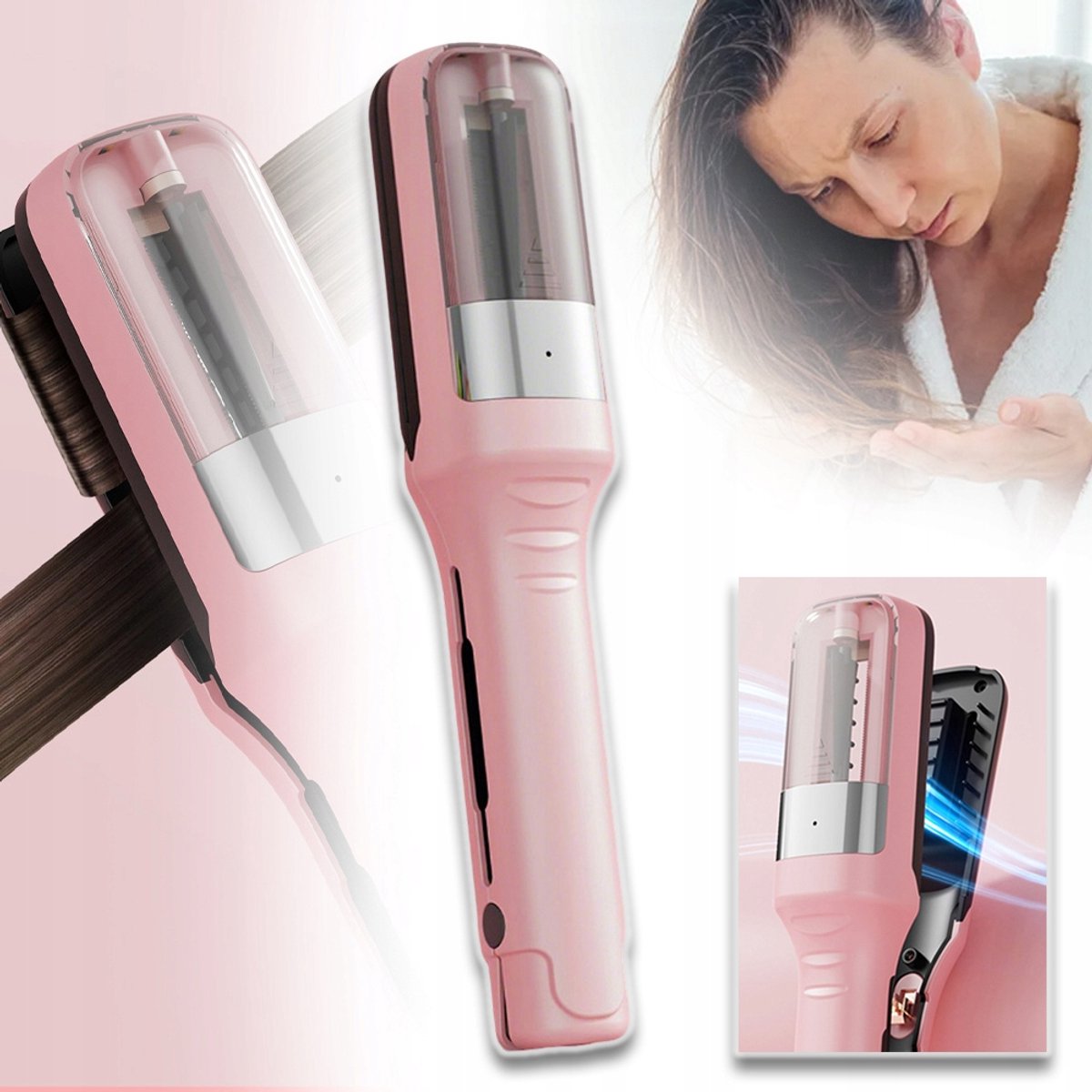 Draadloze Trimmer Voor Gespleten Haarpunten Met Blauw Licht En Negatieve Ionen – 500 mAh Anti-Frizz Veilige Messen – 3-in-1 Haarstyler Voor Krullen En Stijlen – Roze