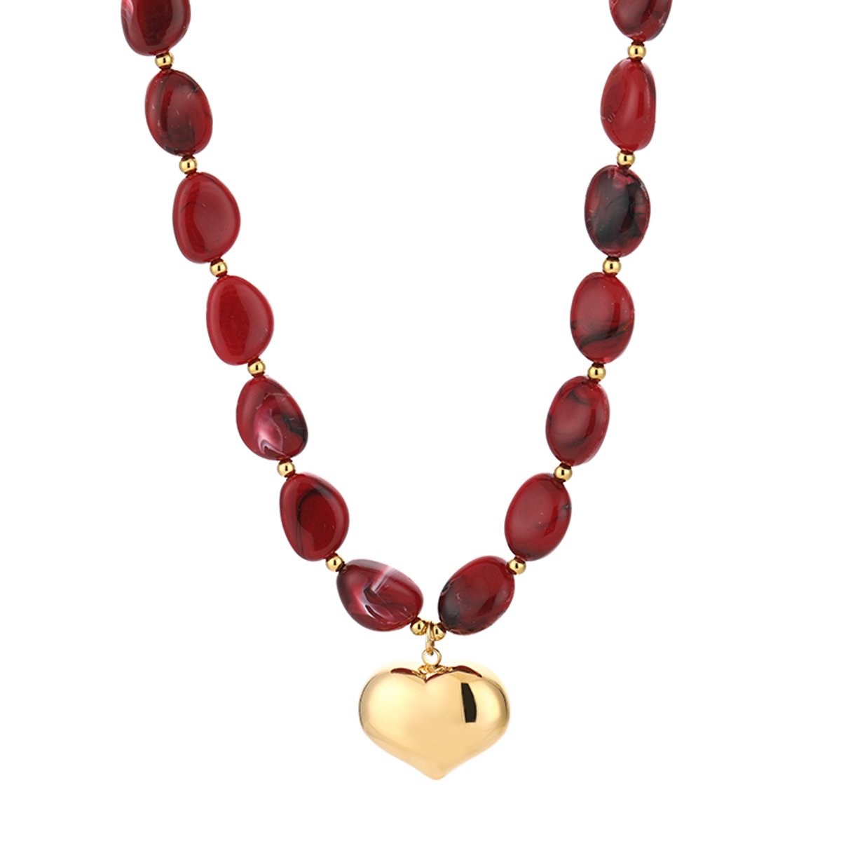 Gevormde Kralenketting met Hart Hanger – Kralen Ketting met Hart – RVS - Rood