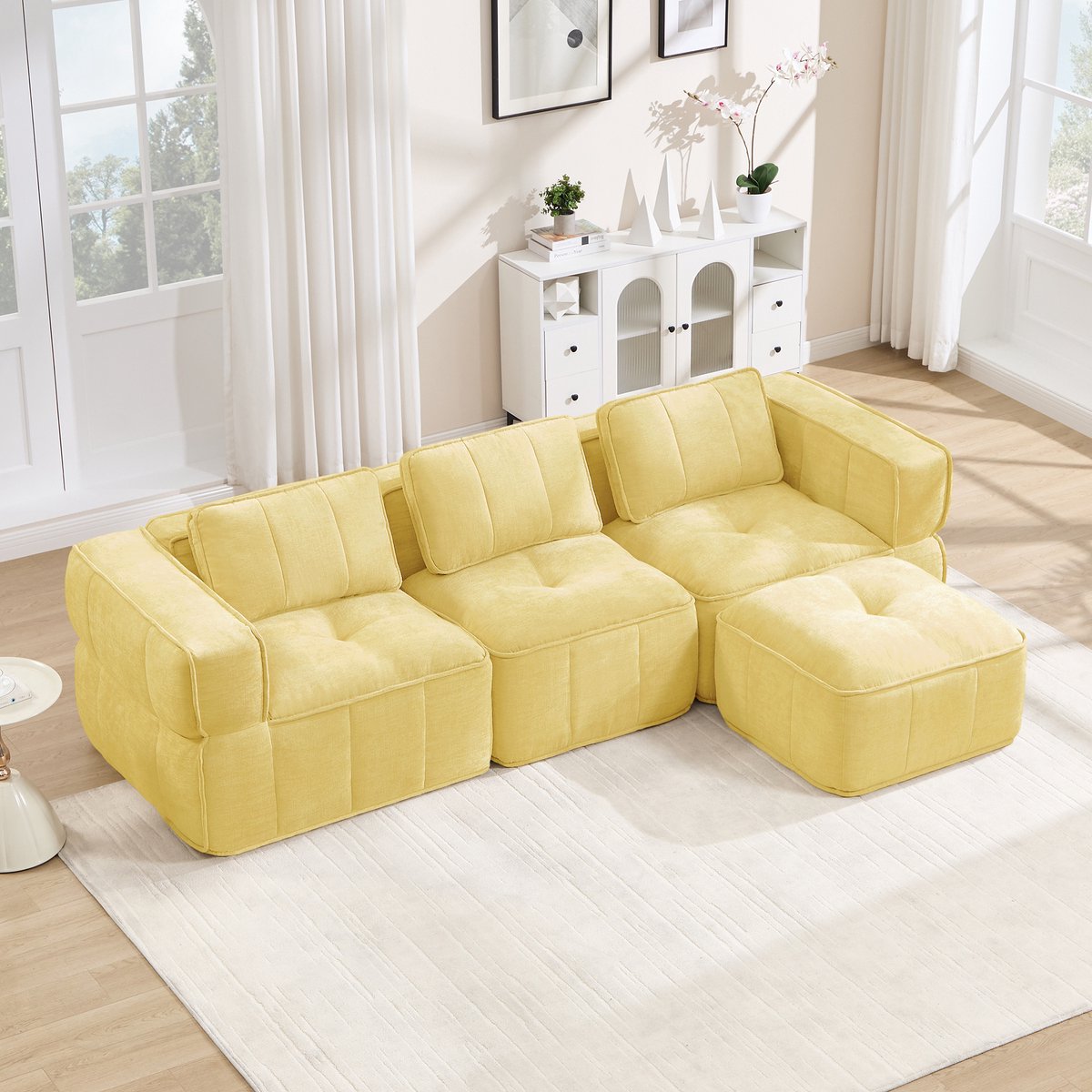 Moderne Hoekbank, L-Bank, 3-Zits bank, 3-Zits L-Vormige, Frameloze Modulaire Bank Met 1 Poef, Frameloos Ontwerp, 32D Schuim Met Hoge Dichtheid, Diepe Zitkussens, Comfortabele Stof, Ideaal Voor De Woonkamer-Geel