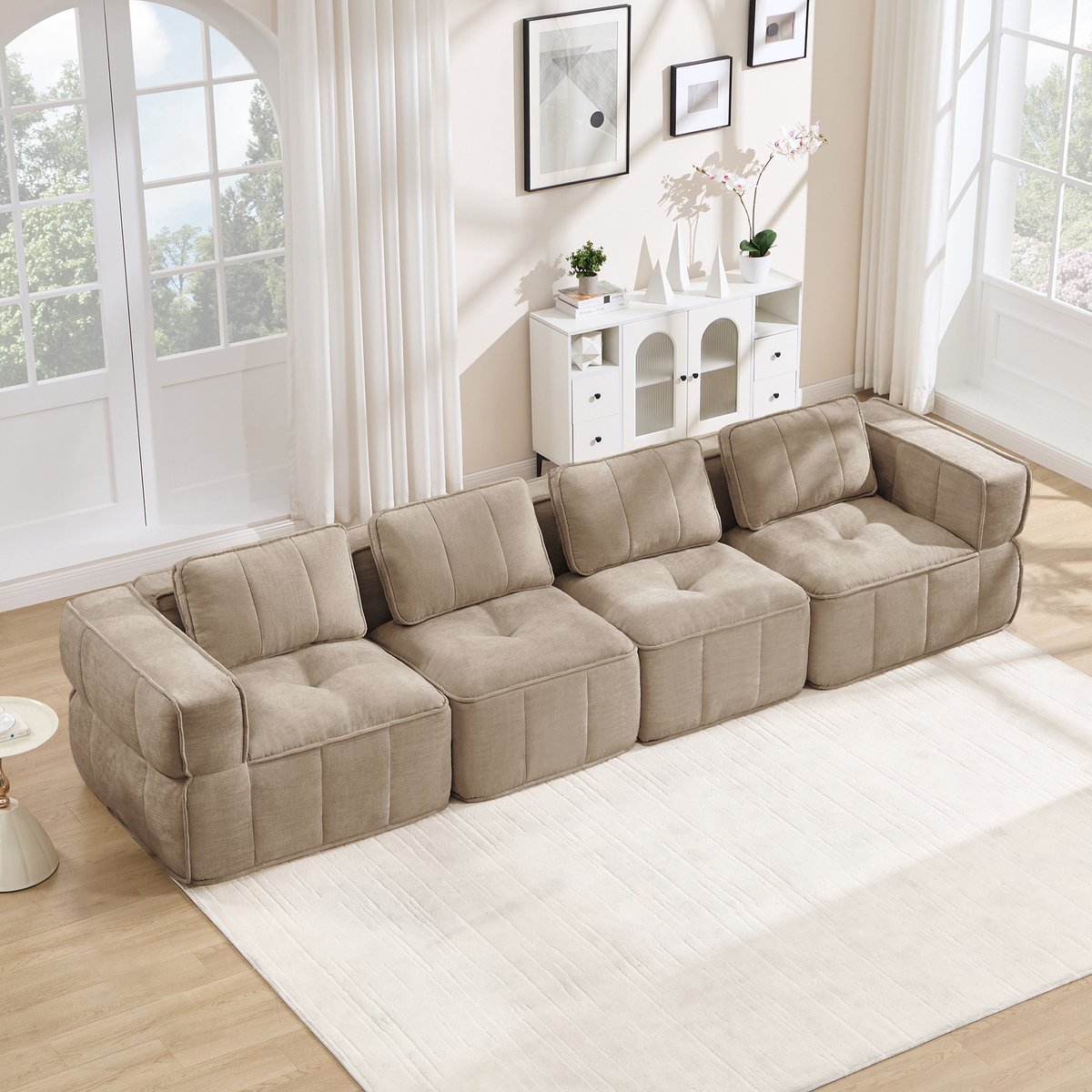 4-Zits Bank, Extra Grote 4-Zits Cloud-Bank Zonder Frame, Modulair, 32D Schuim Met Hoge Dichtheid, Huidvriendelijke, Zachte Stof, Antislip, Voor De Woonkamer, Geen Montage Nodig-Sand