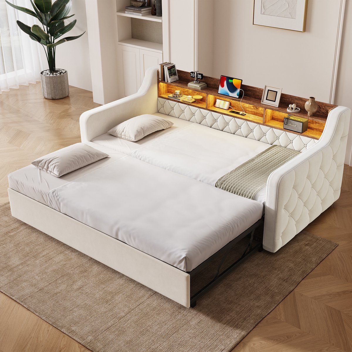 Slaapbank 90x190 cm Met Uitschuifbaar Bed, Kinderbed, Fluwelen Slaapbank Met Armleuningen, Houten Hoofdbord Met Opbergruimte, Ledverlichting, Usb- En Type-C-Aansluiting, Lattenbodem, Daybed Voor Logeerkamer En Woonkamer-Beige