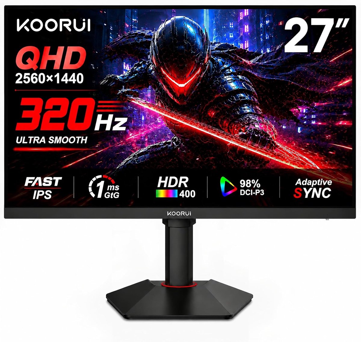 KOORUI 27 Inch Gaming Monitor G2721E- QHD 2560*1440 - 320Hz Fast IPS - 1ms - HDR400 - 98% DCI-P3 - HDMI 2.1 & DisplayPort 1.4 - Zwart