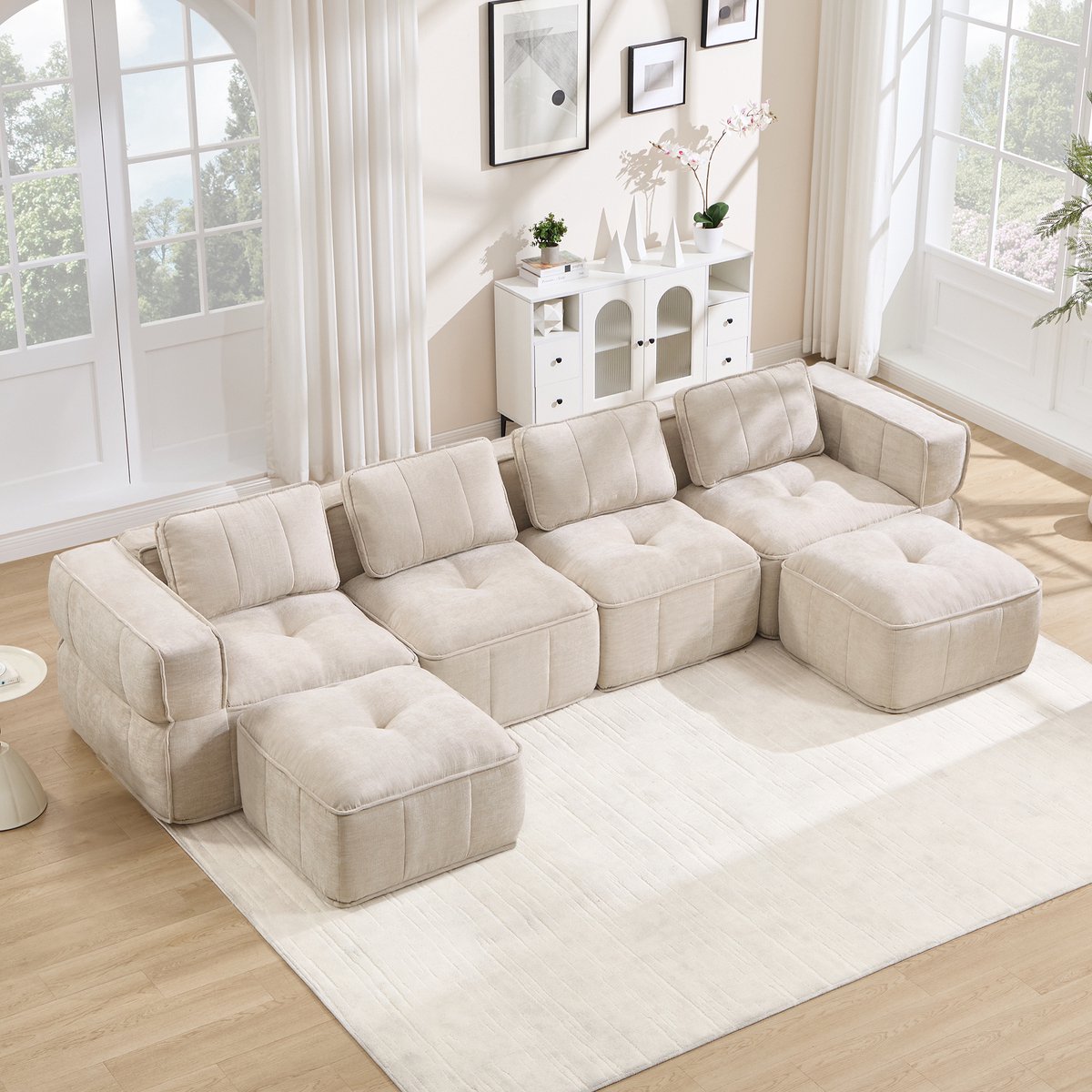 Moderne Hoekbank, U-Bank, 4-Zits bank, Modulaire U-Vormige Bank Voor 4 Personen Zonder Frame, Met 2 Voetenbankjes, 32D Schuim Met Hoge Dichtheid, Zachte En Comfortabele Stoffen Bekleding, Antislip, Voor De Woonkamer, Geen Montage Nodig-Beige