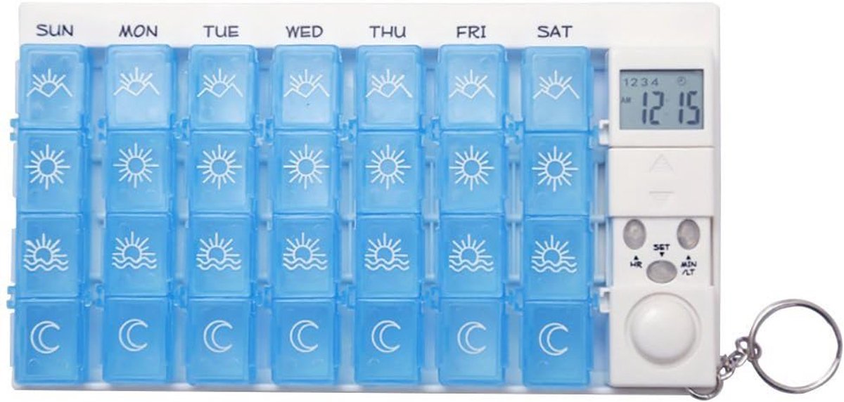 Pillendoos organizer met timer – medicijnherinnering – pillendispenser – 28 afneembare en draagbare compartimenten.