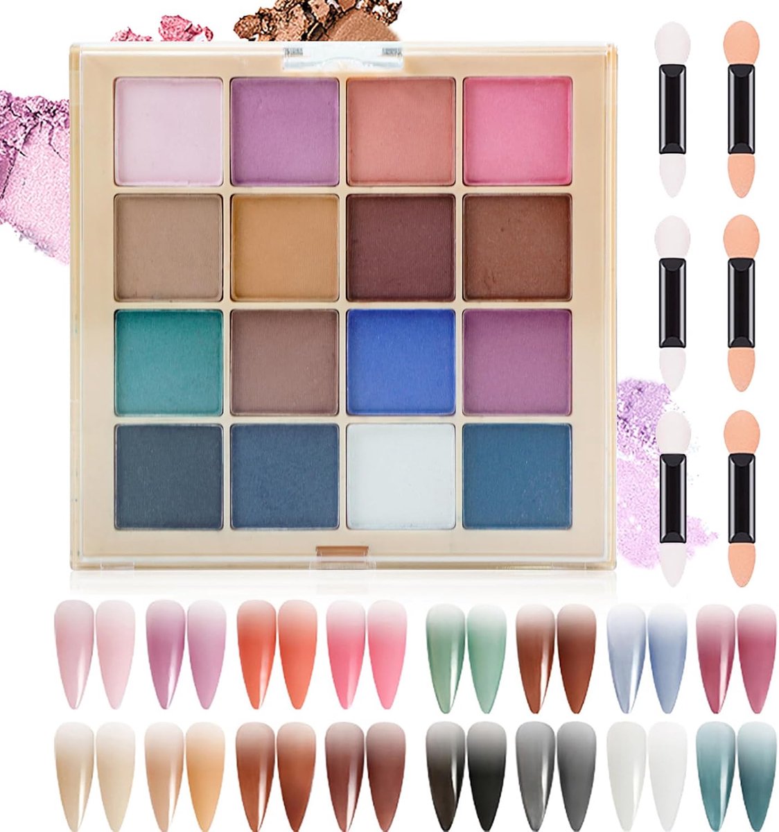 Nail Pigment Powder Palette, 16 kleuren pigmentpoeder voor nagels, perfect nageldesign met ultrafijn poeder, inclusief 6 sponsstokjes, A
