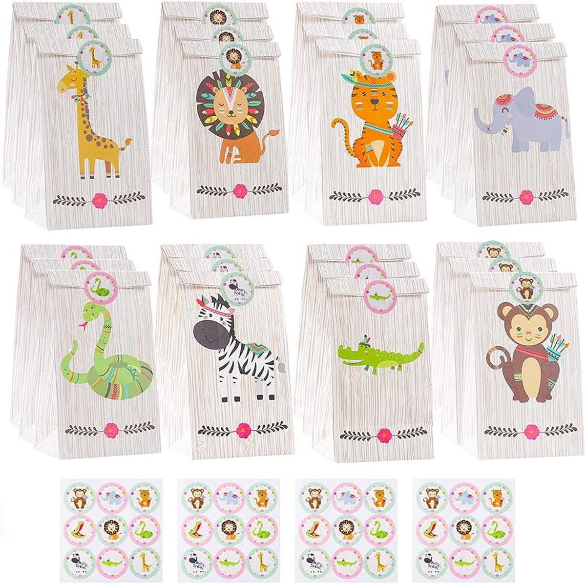 24 stuks feestzakjes voor dieren, 8 stijlen, feestzakjes, snoepsnoepjes, kraftpapier, met 36 dierenstickers, voor kinderverjaardagsfeest, Kerstmis, Halloween