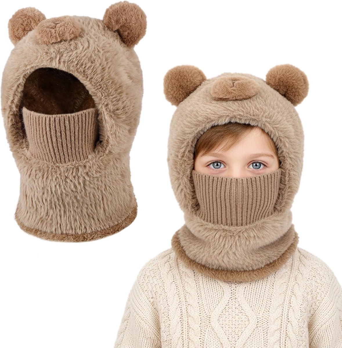 winterbivakmuts voor kinderen van 4-12 jaar, multifunctionele muts gevoerd met fleece, warm, winddicht, skimasker, capuchon, halswarmer, sjaal voor kinderen, jongens en meisjes