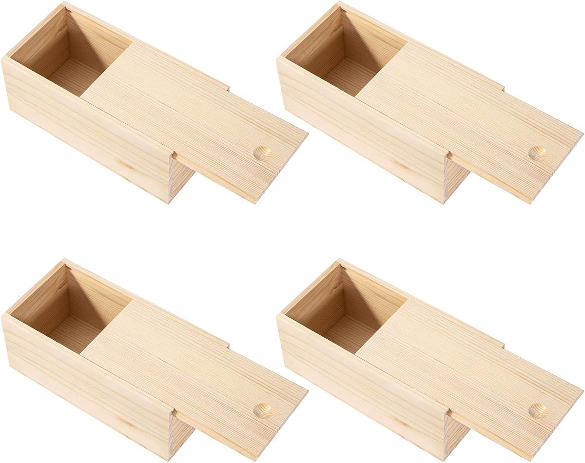 Dozen met schuifdeksel, 16,8 x 9,8 x 5 cm, 4 stuks, ruw hout, met schuifdeksel, opbergkist, ongelakt hout, voor kaarten, brieven en kleine voorwerpen