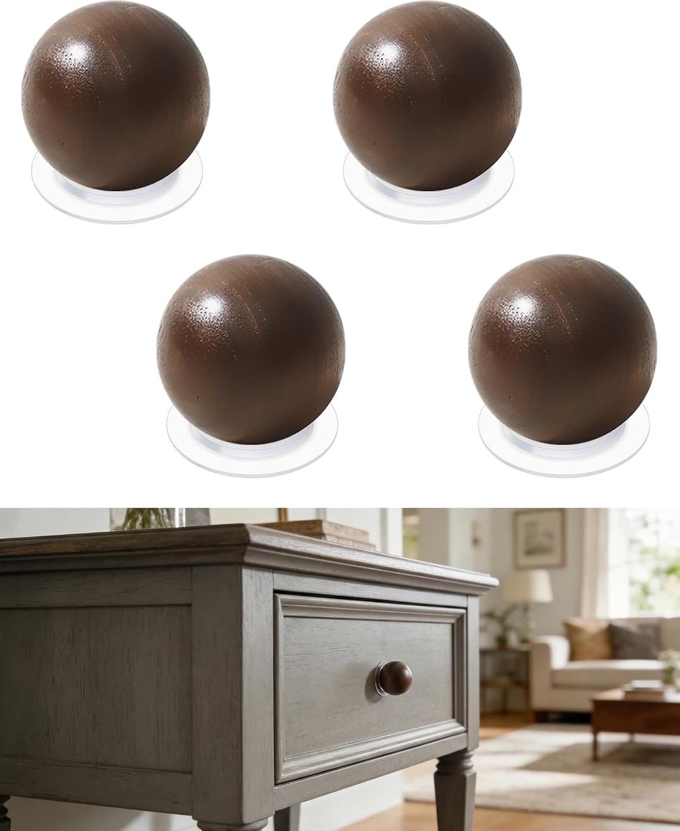 Set van 4 zelfklevende knoppen, houten stok op lade trekt walnoothouten kastknoppen, pel-en-plak handgrepen, boorvrij, ronde bal, houten deur, trekkracht voor kast, kast, kinderkamer