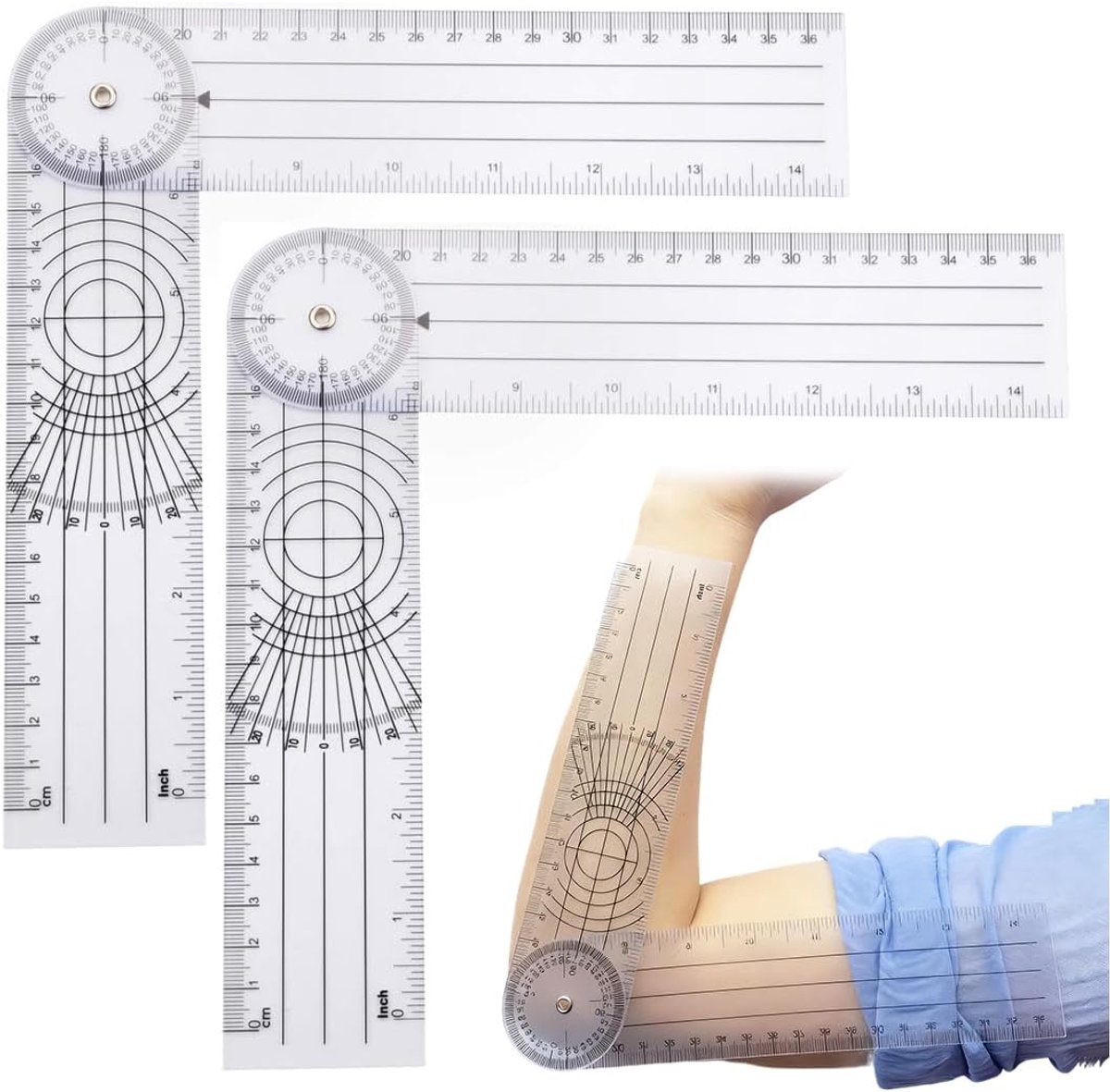 2 stuks gradenboog van pvc voor fysiotherapie, medische gradenboog, transparante protractor met 360 graden rotatie (36 cm) (transparant)