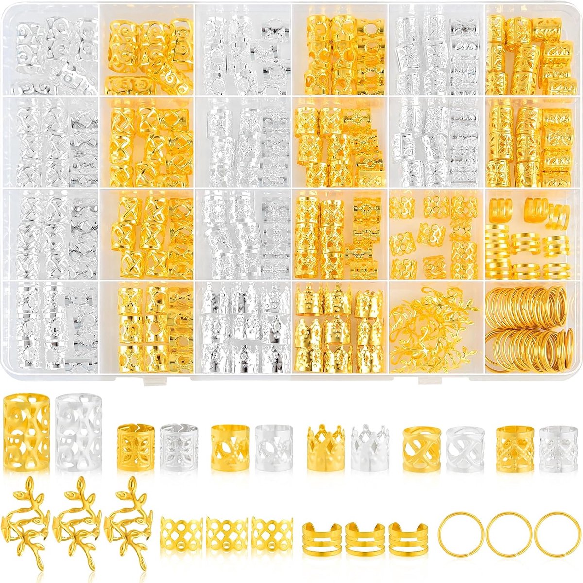 260 stuks gouden haarsieraden voor vlechten, 14 stijlen, sieraden voor dreadlocks, ringen, haarspelden en bedels van verguld en zilverkleurig metaal voor dreadlocks voor dames