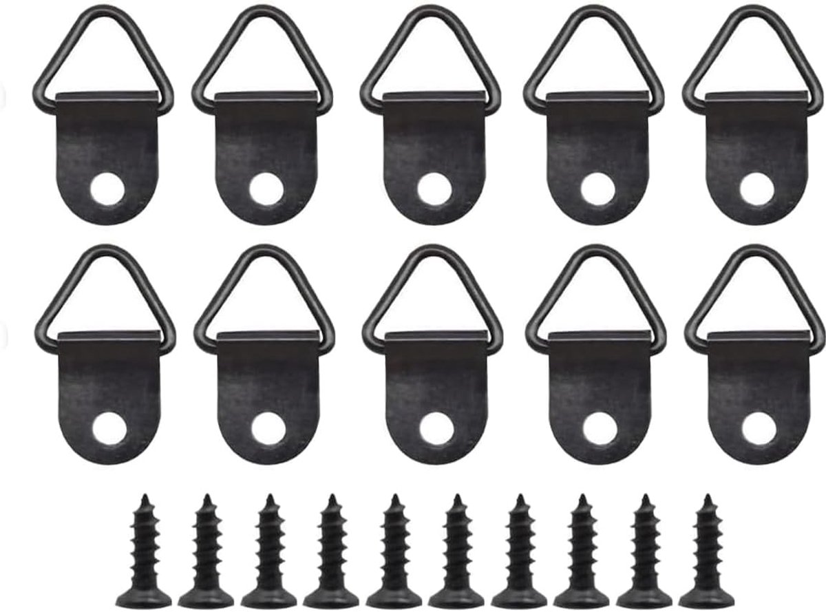 50 sets metalen fotohangers met schroeven, kleine driehoekige ring fotohaken kit om op te hangen, vergulde fotolijst, draad, muurdecoratie, kunst (zwart)