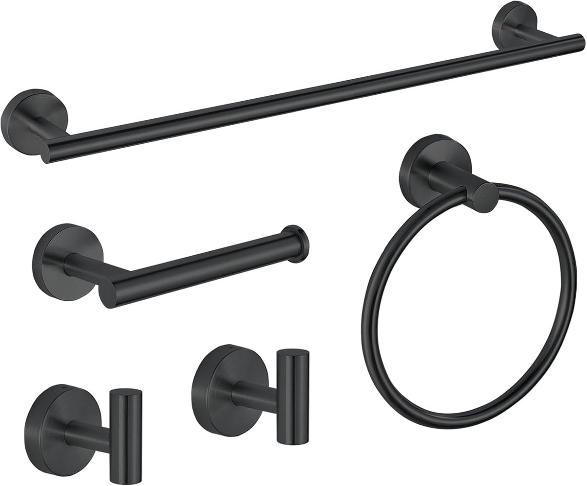 badkamerhardwareset, 5-delige SUS304 roestvrijstalen handdoekstang van 61 cm, toiletpapierhouder, handdoekring, badhaken, wandgemonteerde badaccessoires voor moderne badkamer