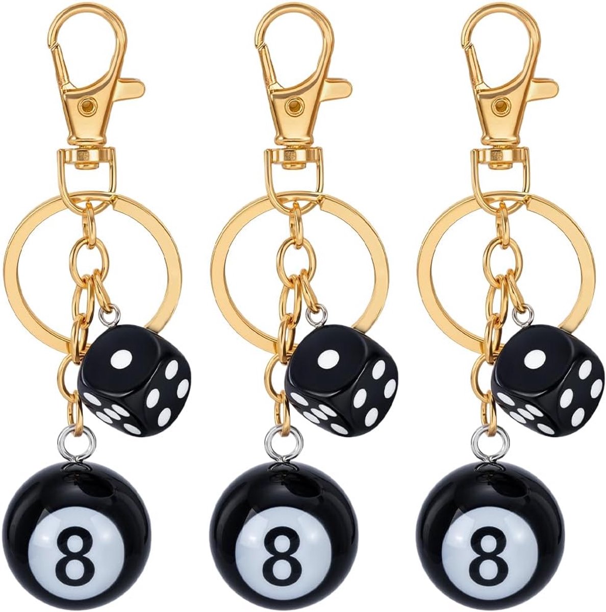3 sleutelhangers geluksbrenger 8 ballen esthetische tas bedels magische biljartbal met dobbelsteen hanger decoratie accessoires voor handtas rugzak sleutels zwart
