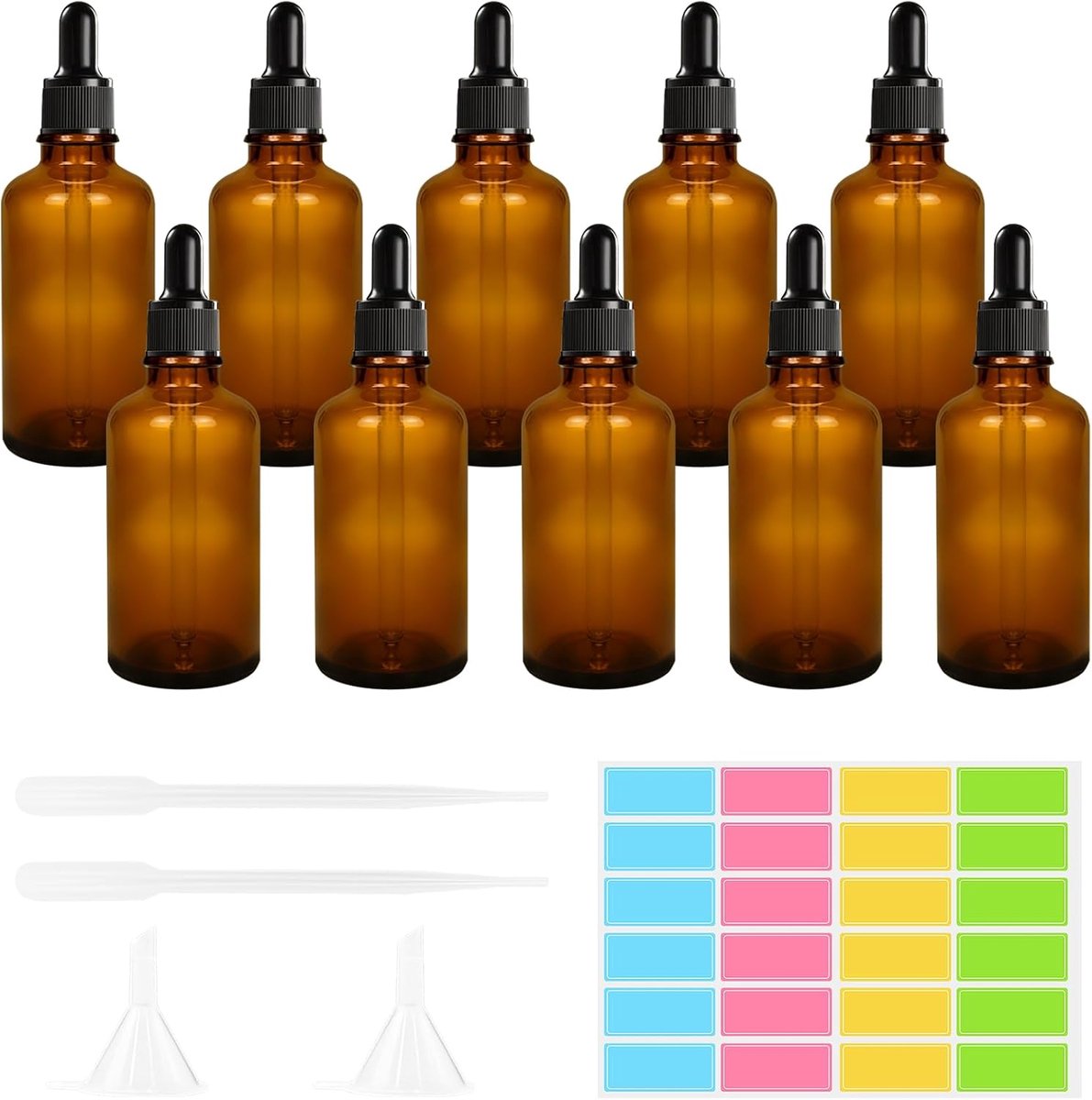 10 stuks, 30 ml, bruin glas, pipetflessen, anti-uv, druppelfles, amberkleurige glazen fles, apothekersfles met pipet, trechter, stickers voor parfumoliën, etherische oliën, serums
