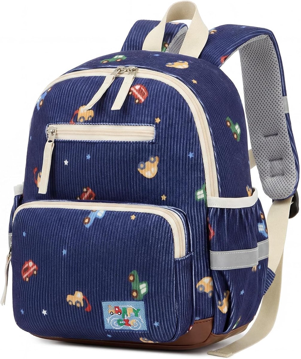Kleuterschoolrugzak voor meisjes en jongens, met borstband, reflecterend met afwasbare bodem, vintage corduroy, geschikt voor DIN A4, 2-6 jaar, 9,2 l, 25 × 11 × 33.5 cm, Rugzak