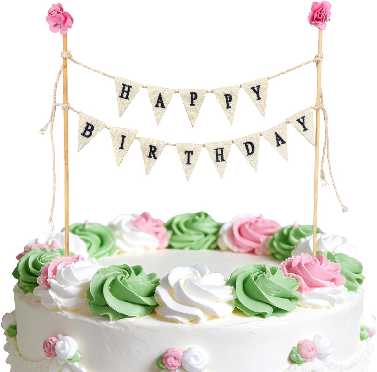 Happy Birthday Cake Bunting Topper Garland, Handgemaakte Verjaardagstaart Wimpel Banner Vlaggen met Houten Stok & Roze Bloemen Feestdecoratie Benodigdheden