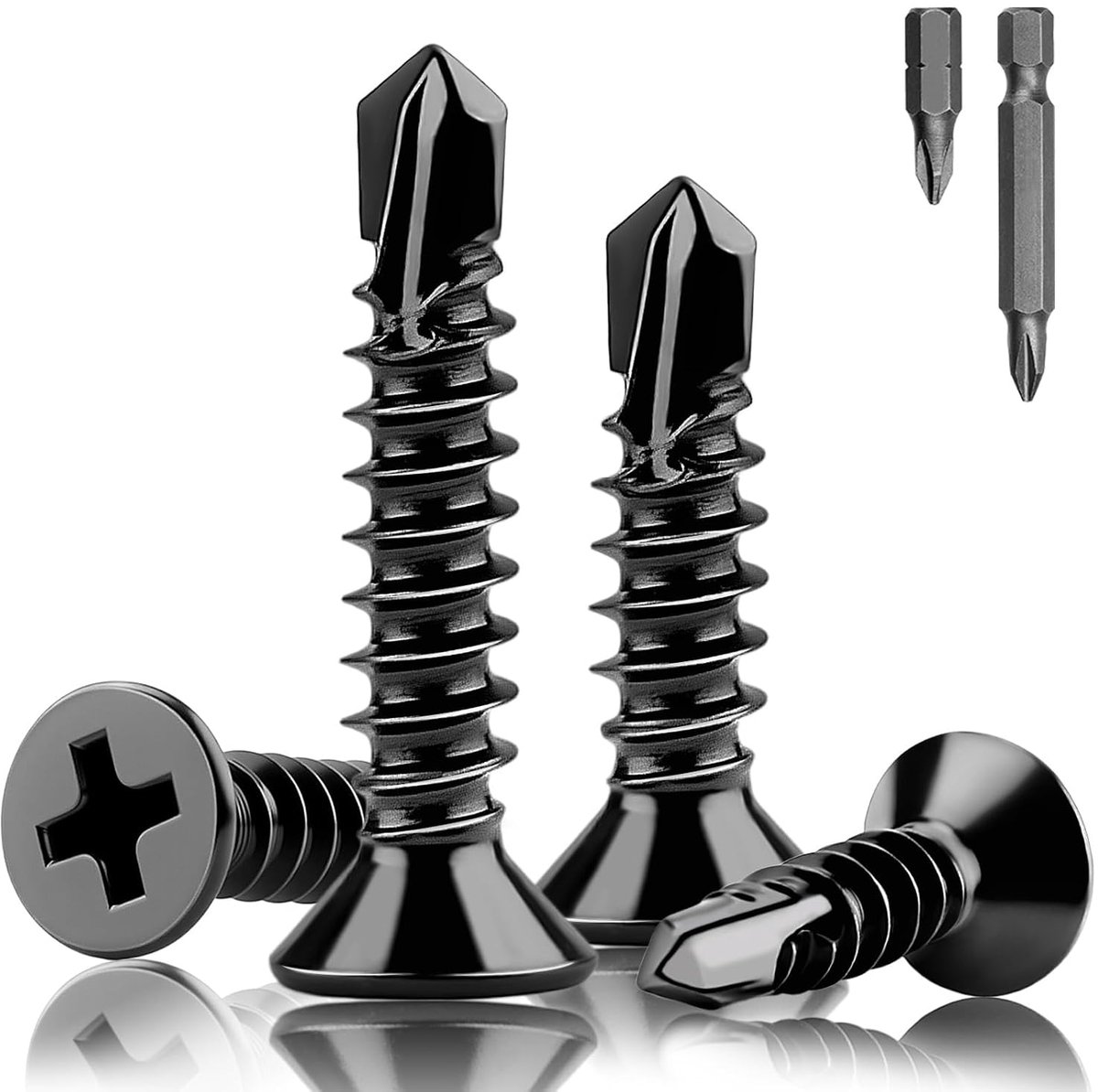 100 stuks zelftappende schroeven, M4,8 x 19 mm, zelftappende schroeven, roestvrij staal, 410, zwarte plaatschroeven, zelftappende verzonken kop, boorschroeven, zwart, voor doe-het-zelfwerk