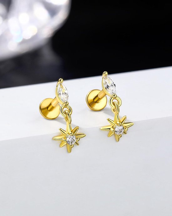 Helix Piercing Sieraden 316l Chirurgisch Staal 16G Conch Tragus Stud Gold Labret Lip Piercing Sieraden Ster 8 6 mm Schroefloos Voorwaarts Kraakbeen Oorbellen Stud voor Vrouwen — afbeelding 4