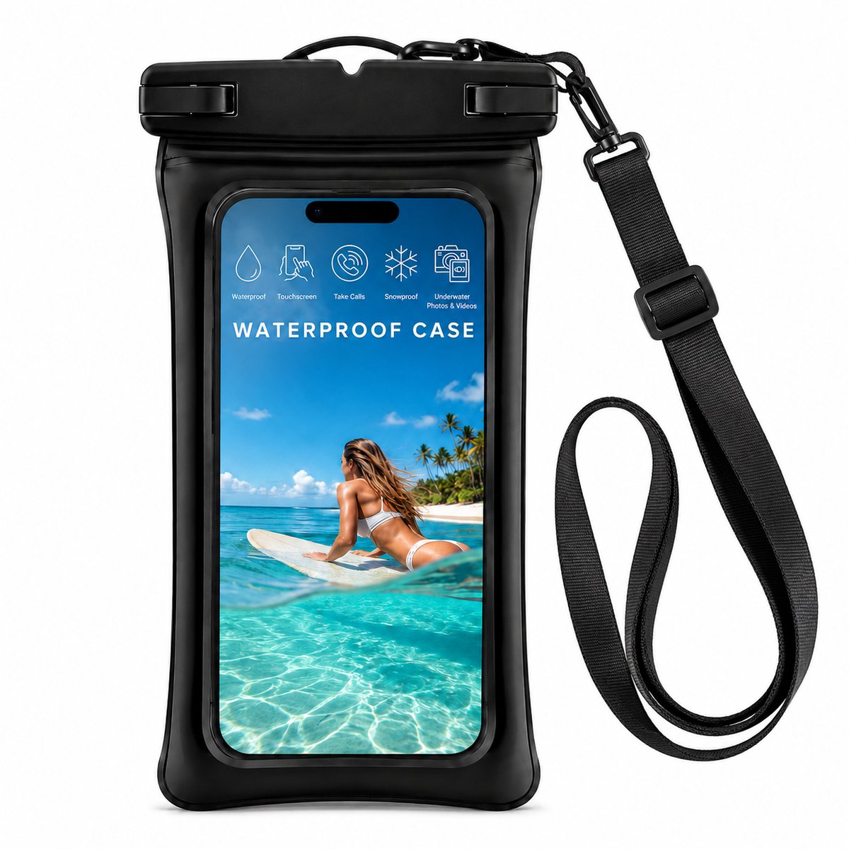 Waterdicht Telefoonhoesje - IPX8 Drijvend - Dubbele Klipsluiting - Tot 7.0 inch - Nekkoord - Onderwater Hoesje Telefoon - Zwart