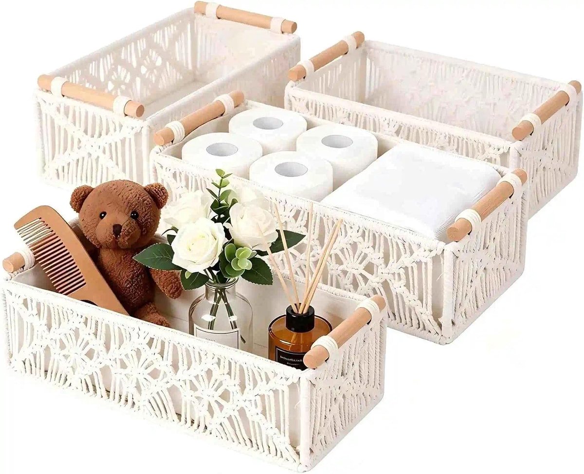 4 stuks macramé opbergmand, boho decoratieve geweven mand met houten handvat en stoffen bodem, werkblad, kastorganizer voor toiletpapier, cosmetica