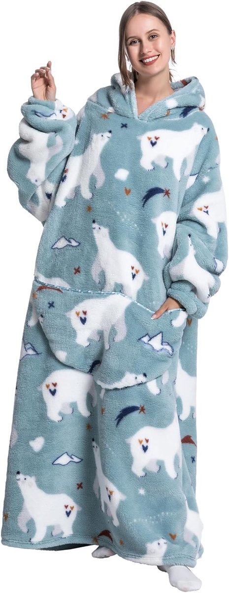 deken met capuchon voor vrouwen en volwassenen, deken met mouwen, zachte en warme deken om aan te kleden als cadeau voor vriendin, moeder of moeder (Bear)