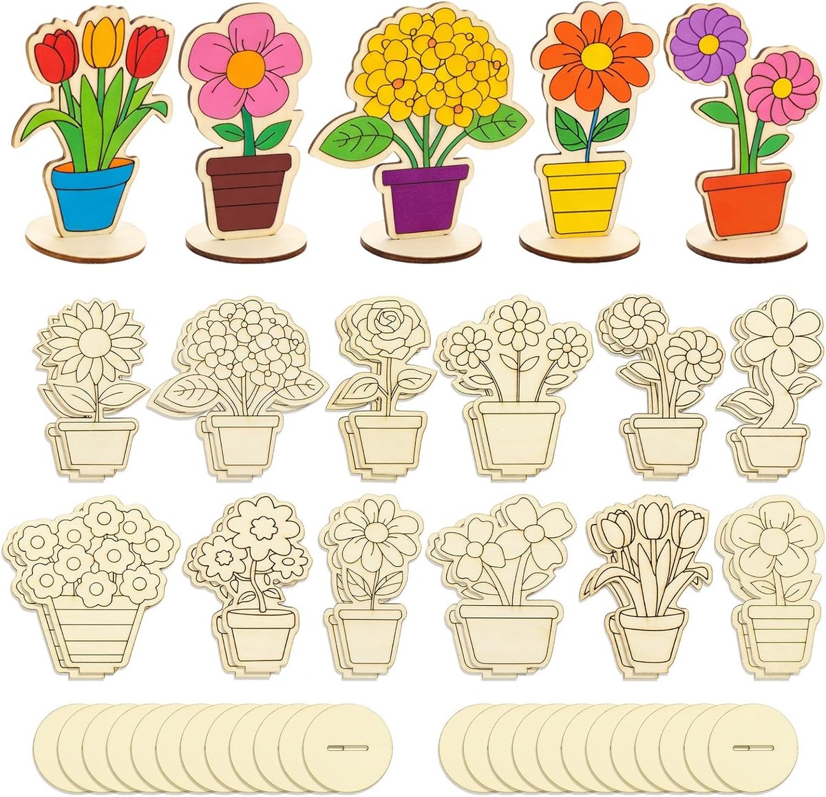 Houten bloemenknutselset, 24 stuks onbehandelde houten schijven in 12 designs, onbehandelde houten ornamenten voor doe-het-zelf knutselen, woondecoratie en kunstprojecten
